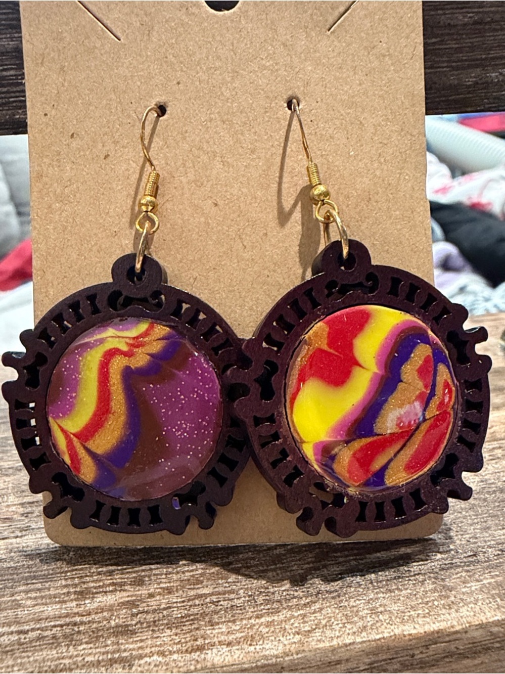 Multicolor Swirl Wooden Filigree Dangle Earrings with Gold Hooks